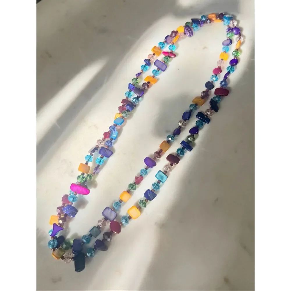 Bright Multi color seashell long layer beach time necklace
